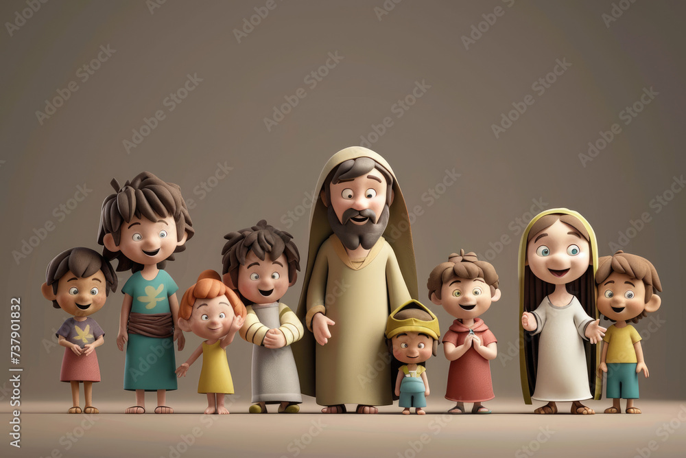 3d cute cartoon character of Jesus and children - obrazy, fototapety, plakaty 