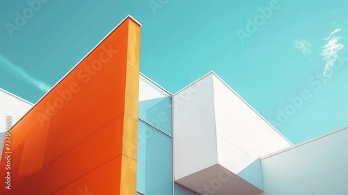 Architecture background abstract geometric shapes. White and orange walls against a blue sky. Modern concrete structure building detail. Architectural construction. Minimal design style. angular lines