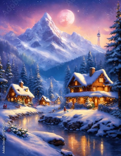 Charming fairy tale village, snow-covered decorated christmas trees  © shazma