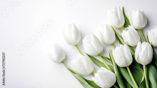 Spring white tulip flowers on white background fit for Valentine s Day  Easter  Birthday  Happy Women s Day  Mother s Day  wedding invitations  Flat lay. Space for text. Ai generated