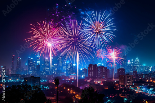 A spectacular image of fireworks illuminating the night sky over a city