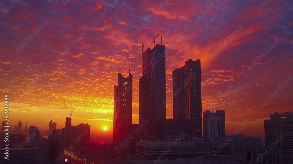 Sunset over large buildings equipped with the latest technology, King Abdullah Financial District, in the capital, Riyadh, Saudi Arabia