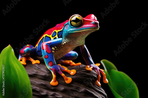 A colorful frog sitting on top of a green leaf