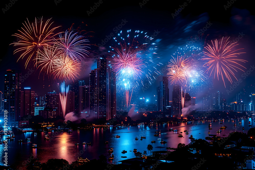 Obraz premium A spectacular image of fireworks illuminating the night sky over a city