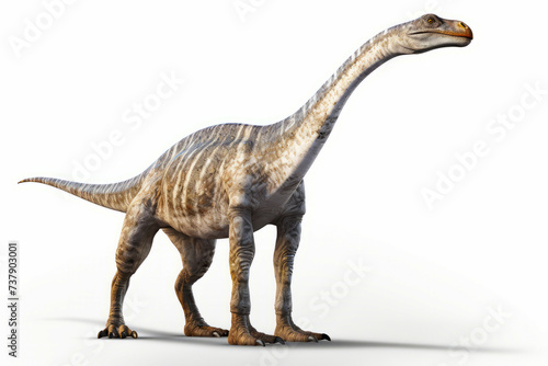 Dinosaur is standing in white background with shadow on the ground.