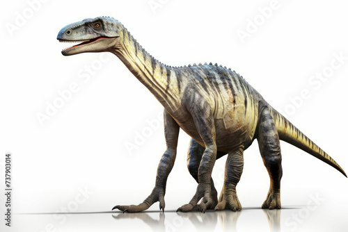 Dinosaur with long neck and sharp teeth is walking.