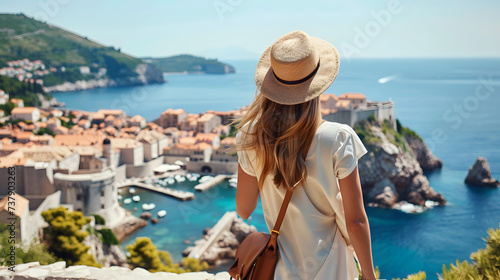 Beautiful tourist young woman walking in Dubrovnik Ragusa city street on summer, Croatia, tourism travel holiday vacations concept in Europe