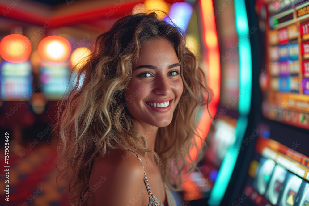 Positive young woman playing slot machines in a casino.