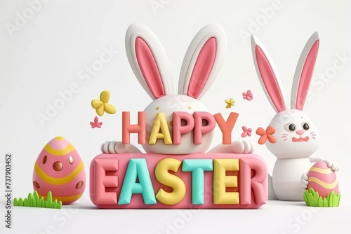 Happy Easter Eggs Basket statement. Bunny in Red Dahlia flower Garden. Cute 3d Egg dyeing easter rabbit illustration. Easter easter thyme card wallpaper Spring festival