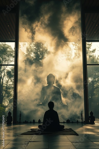 image of a meditating silhouette in front of a large Buddha mural, bathed in soft light and surrounded by ethereal clouds, evoking a sense of spiritual awakening. Illustrate the beauty of mindfulness.