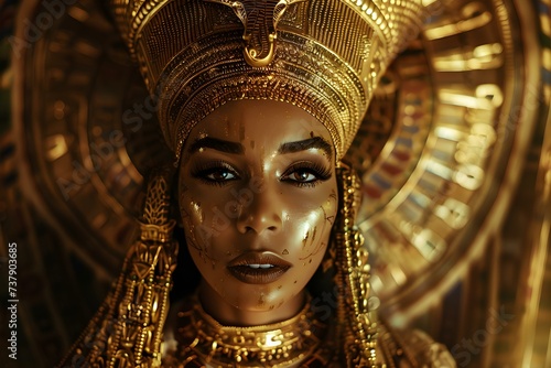 A majestic Egyptian queen exudes regality with a golden headdress and intricate details. Concept Egyptian Queen, Regal Headdress, Intricate Details, Majestic Aura