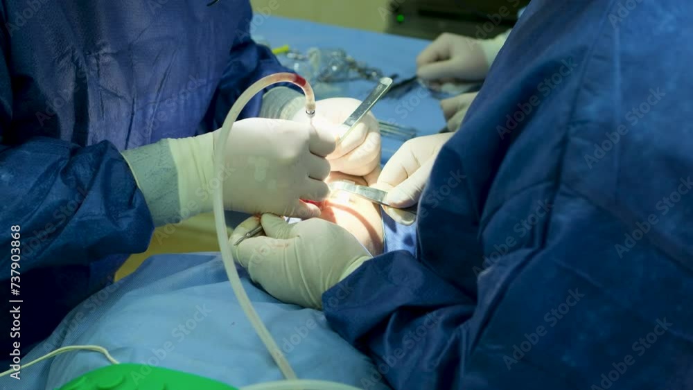 A group of doctors perform rhinoplasty or endoscopic septoplasty on a young girl. Close-up. A group of doctors perform rhinoplasty or endoscopic septoplasty on a young girl. Close-up.