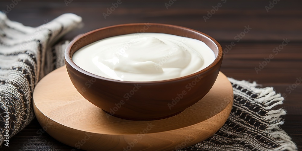 a bowl of yogurt on a brown table board, a brown bowl