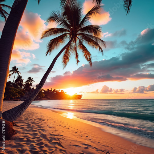 sunset on the beach with palm tree photo
