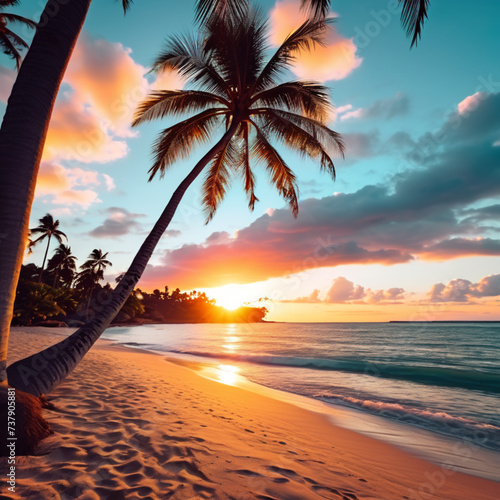 sunset on the beach with palm tree