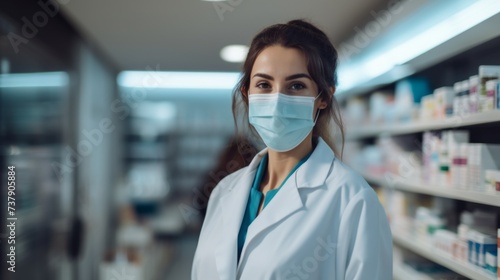 A female pharmacist wearing a medical mask works in a modern pharmacy during a virus pandemic, a period of acute respiratory viral infections, colds. Medicine, pharmaceutical business, Healthcare.