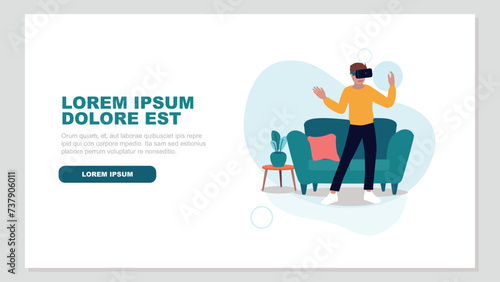 Vektor-Illustration eines Mannes mit einer virtuellen Realität Brille in ihrem Wohnzimmer - künstliche Intelligenz Konzept
