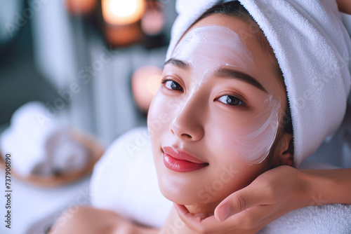 Beautician doing facial skin care for Korean girl in beauty salon photo