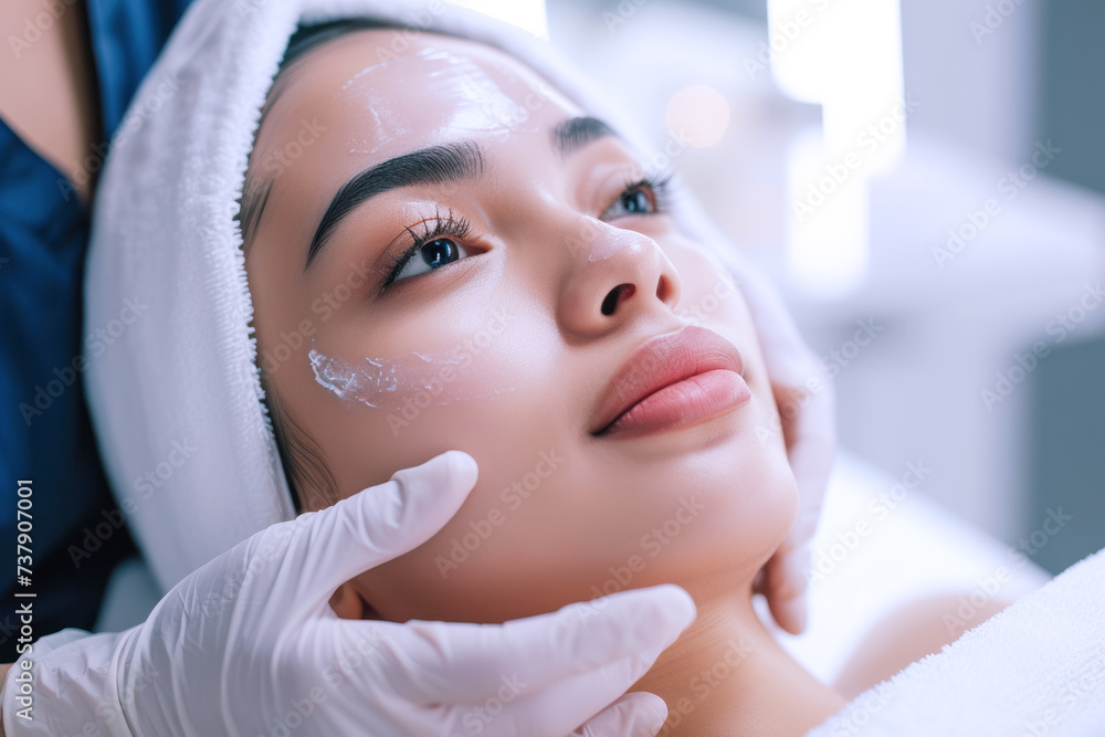 Beautician doing facial skin care for Malay girl in beauty salon