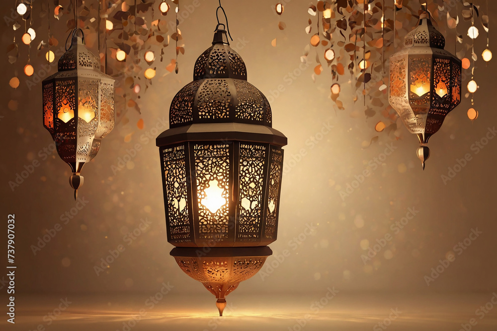 Obraz premium Ramadan Kareem background with hanging lanterns. 3D rendering
