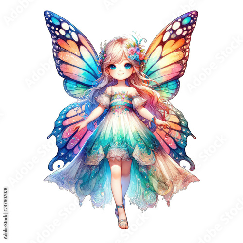 Sparking imagination, an illustration features a whimsical fairy girl adorned with vibrant butterfly wings and a floral dress.