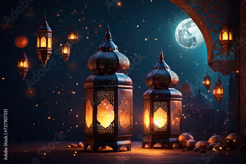 Ramadan Kareem greeting card with beautiful arabic lanterns
