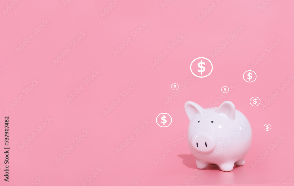 Piggy bank with dollar coin, plus sign and percentage icons. The concept of saving money, Financial, Investment and Business growing. Piggy bank with dollar coin, plus sign and percentage icons. The concept of saving money, Financial, Investment and Business growing.