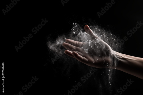 Close-up photograph of a male hand covered in talcum powder against a black backdrop  capturing the texture and details of the hand immersed in clouds of talc  creating a striking and dramatic image