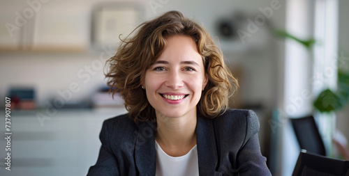 attractive business woman smiling in front of desk