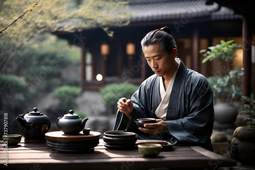 Zen master is doing morning tea ceremony in patio looking to the garden, japanese man dressed in kimono enjoying traditional tea ritual by his house. Copyspace.