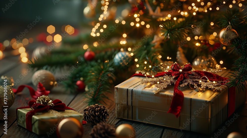 Opened Gift Box with Christmas Tree and Decora Opened Gift Box with Christmas Tree and Decora