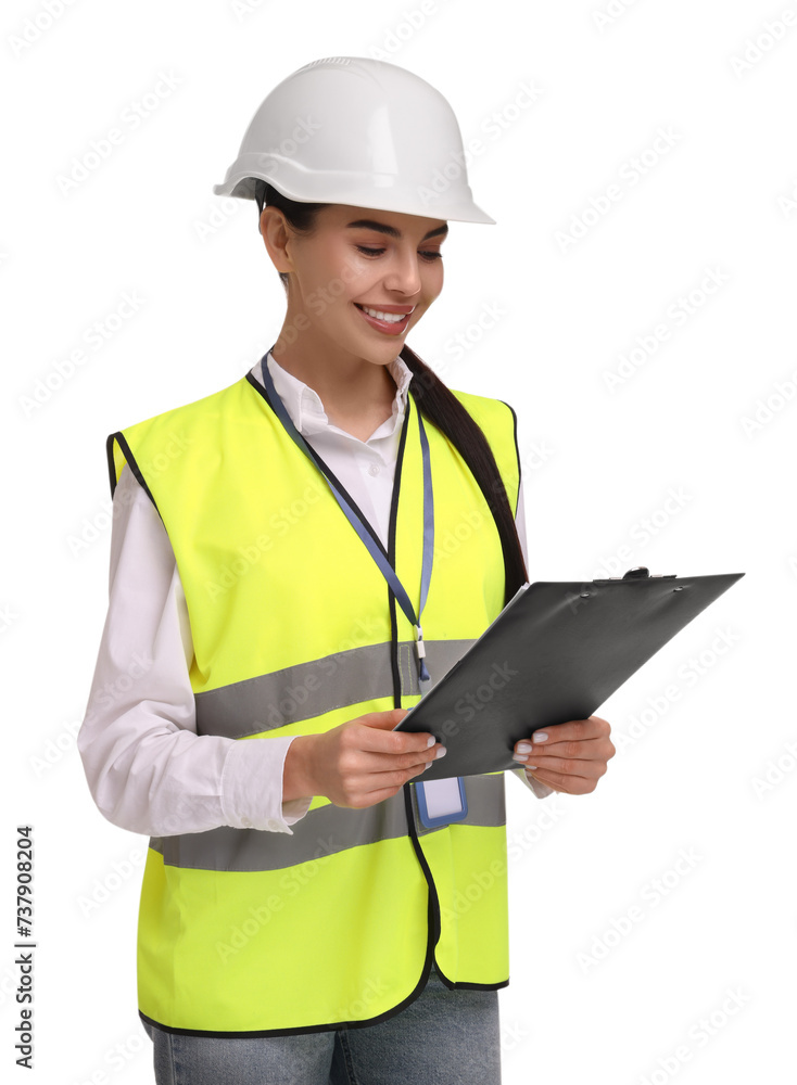 Engineer in hard hat holding clipboard on white background Engineer in hard hat holding clipboard on white background