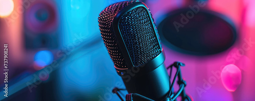 Studio microphone and pop shield on mic in the empty recording studio with copy space.  