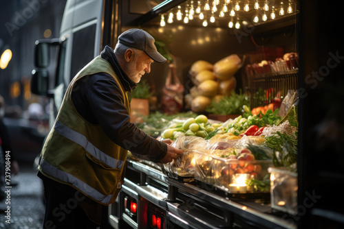 A vendor in a reflective vest restocks fresh produce at a vibrant street market stall.