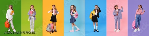 Schoolgirl on color backgrounds  set of photos