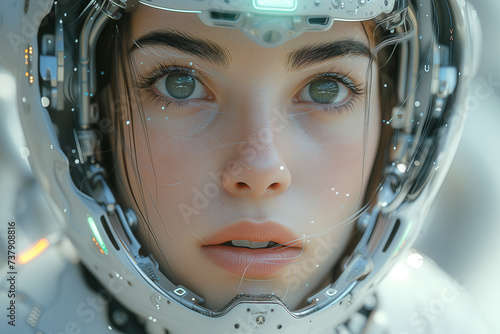 Close up of a beautiful futuristic woman wearing a helmet