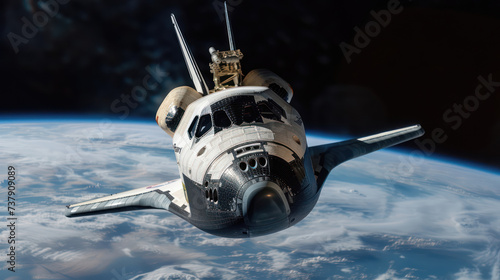 Close-up A space shuttle floats in the air looking at Earth