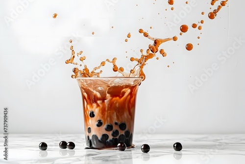 cup of bown boba coffee and cream mixing action shot liquid flying out of cup white background  photo