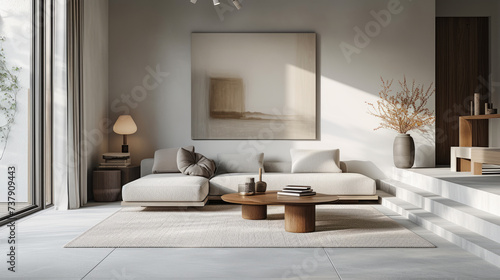 Modern minimalist living room interior of luxury villa in natural tones. Trendy upholstered furniture, coffee table, carpet, painting on the wall, home decor, panoramic glazing. © Fat Bee