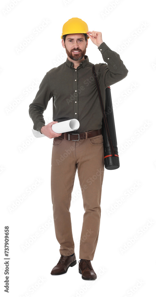 Architect in hard hat with drawing tube and draft on white background Architect in hard hat with drawing tube and draft on white background