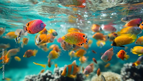 yellow tropical reef fish underwater near the surface school of fish  © Steven