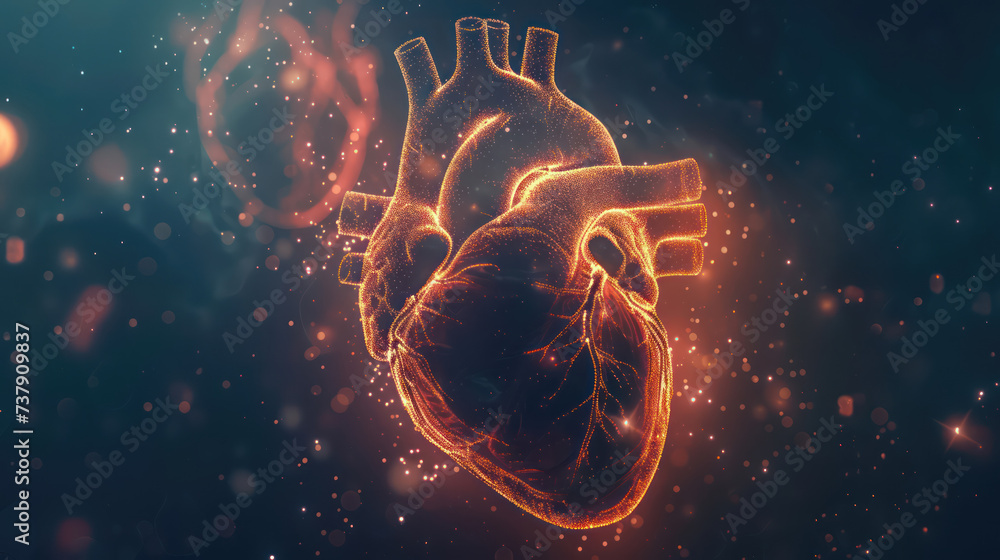 A digital illustration of a human heart that glows with an intricate network of light. - obrazy, fototapety, plakaty 