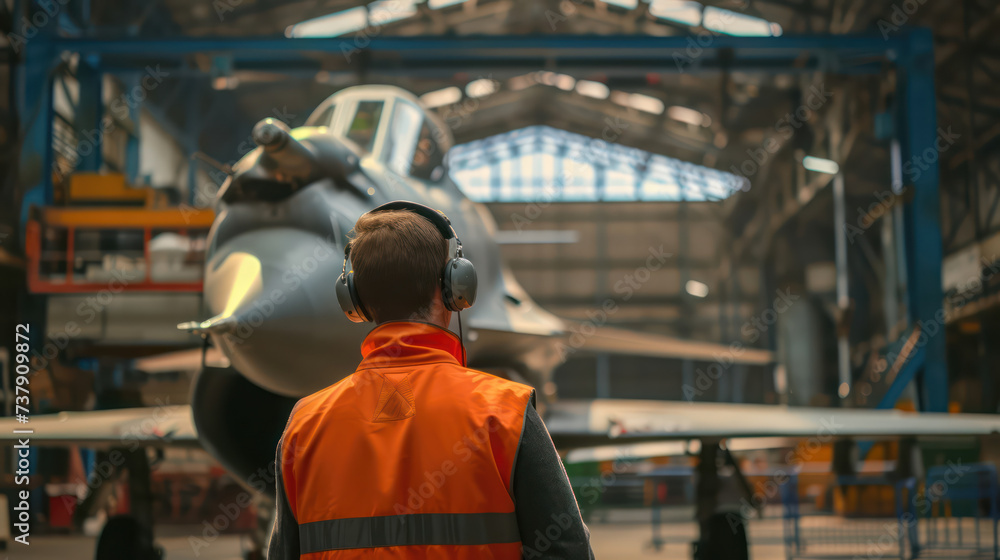 A engineer man in a protective vest visits an aircraft factory A engineer man in a protective vest visits an aircraft factory