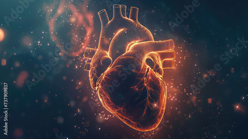 A digital illustration of a human heart that glows with an intricate network of light. #737909837