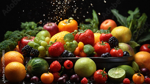 Fresh fruits and vegetables with water splash on black background. Healthy food concept.