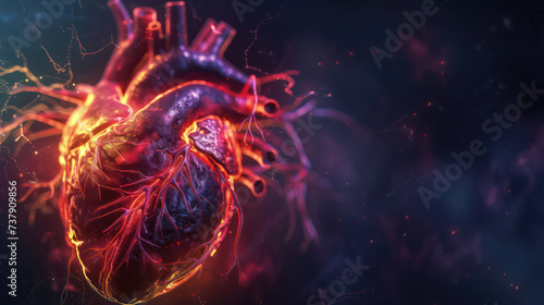 A digital illustration of a human heart that glows with an intricate network of light.