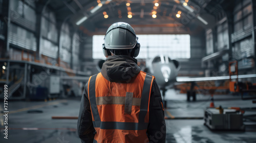A engineer man in a protective vest visits an aircraft factory