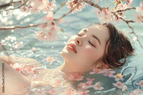 beautiful woman relaxing in a hot spring with cherry blossoms