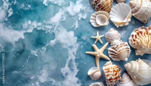 collection of seashells on blue and white marble background 