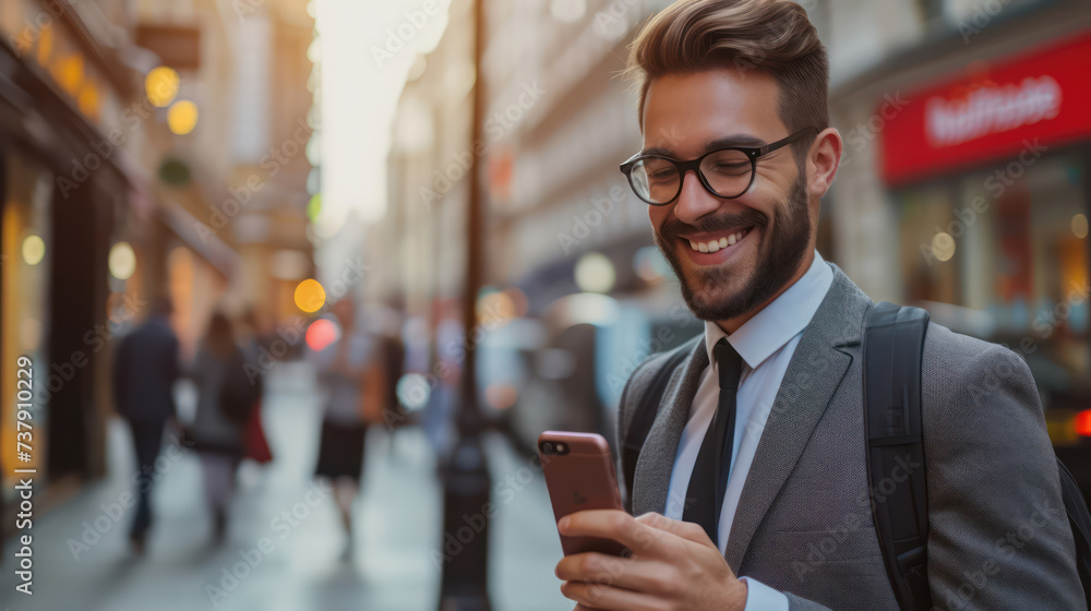 Businessman handsome smile using mobile looking hand in the London morning time Businessman handsome smile using mobile looking hand in the London morning time